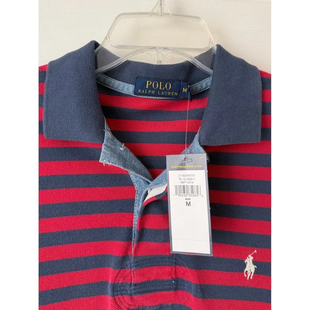NWT Polo‎ Ralph Lauren Red Navy Striped Classic Polo Rugby Shirt Pony Cotton